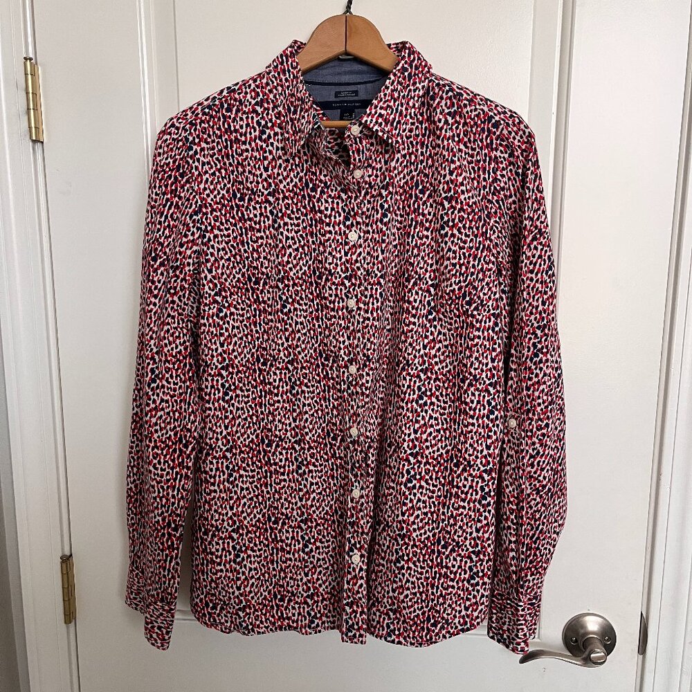 Tommy Hilfiger womens long sleeve Red White Blue Cotton Button shirt Size L